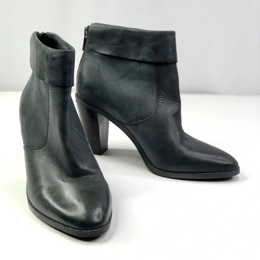 Lucky Brand Nycott fold-over ankle boots stacked heel dk grey leather ba…